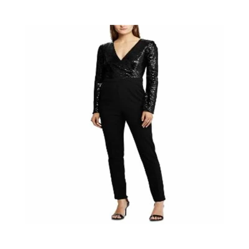 Women's party dress dim chic -Ralph Lauren Women's Sequined Pocketed Zippered Long Sleeve V Neck Party Jumpsuit Black Size 10