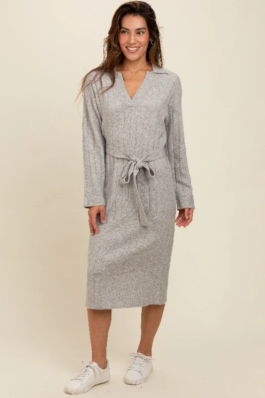 Women's midi dress nip chic -Heather Grey Ribbed Sweater Collared Midi Dress