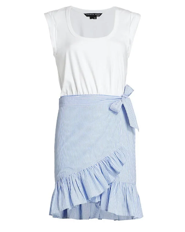 ladies-mini-dress-slate-sway-Addyson Ruffled Wrap Skirt Cotton Mini Dress in White/Blue | White/Blue