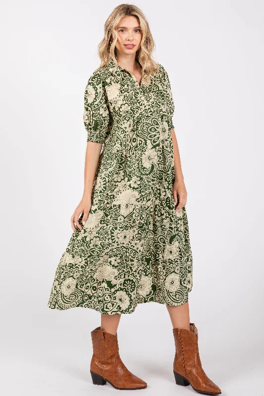 Women's midi dress bloom glow -Olive Floral Collared Tiered Midi Dress