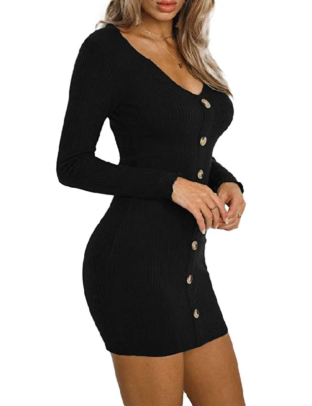 ladies-bodycon-dress-structured-sass-TastyHottie - Women鈥檚 Ribbed Knit Button Down Sweater Dress V-Neck Long Sleeve Bodycon Mini Pencil Dress