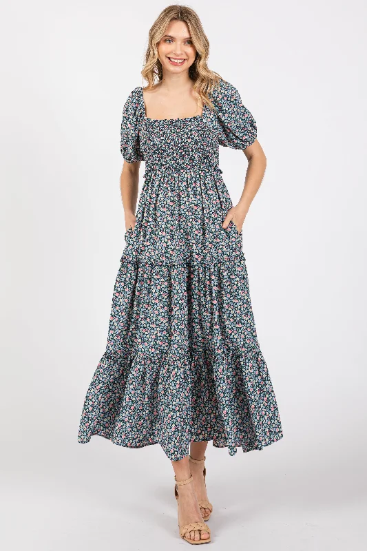 ladies-maxi-dress-90s-nimbus-Navy Floral Smocked Tiered Puff Sleeve Maxi Dress