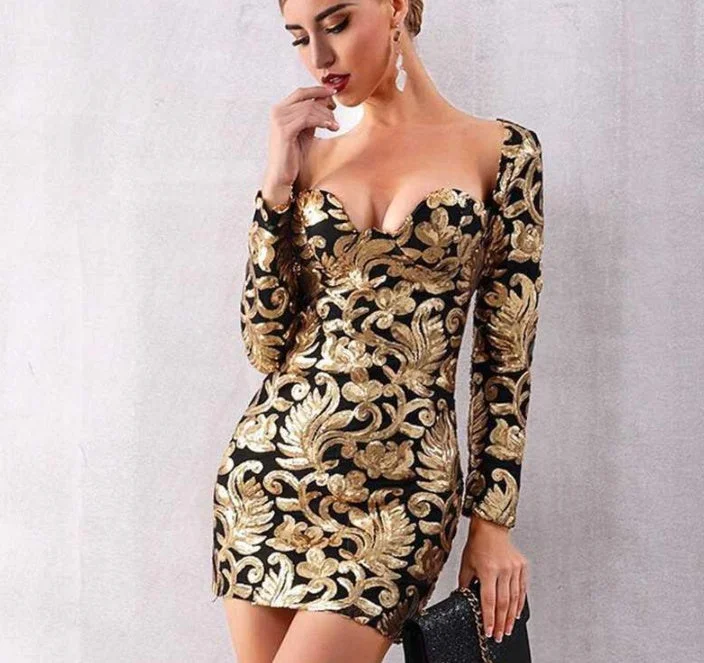 Women's party dress lace flair -Party Dress Long Sleeve Sequined Deep V Gold Mini Club Dress