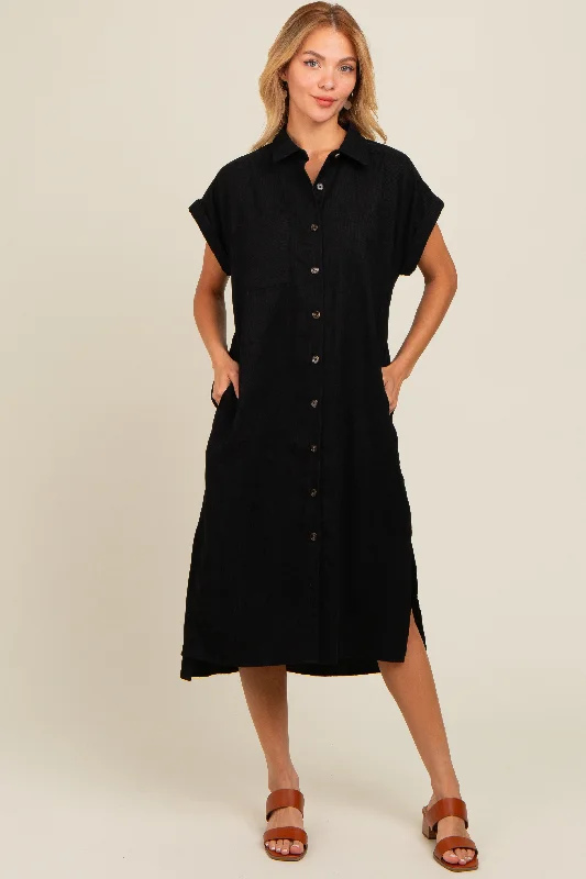 Women's midi dress petal pop -Black Corduroy Button Down Midi Dress