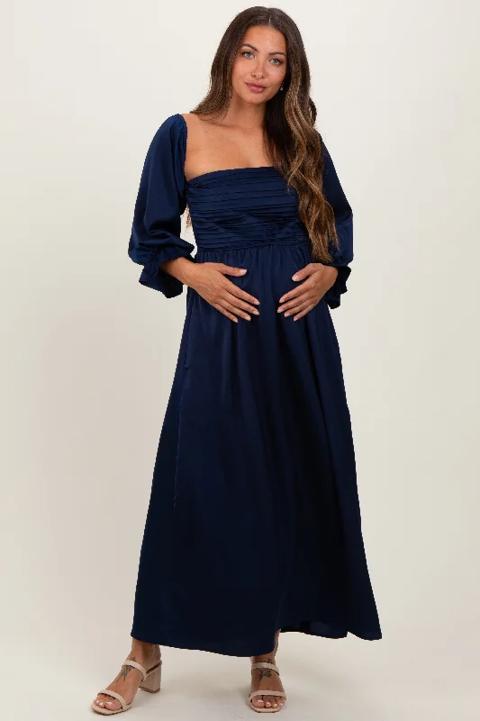 ladies-maxi-dress-cowl-cool-Navy Off Shoulder Satin Pleated Bodice Maternity Maxi Dress