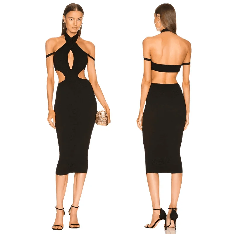 Women's midi dress surf chic -Women's Cut Out Halter Midi Black Bandage Dress