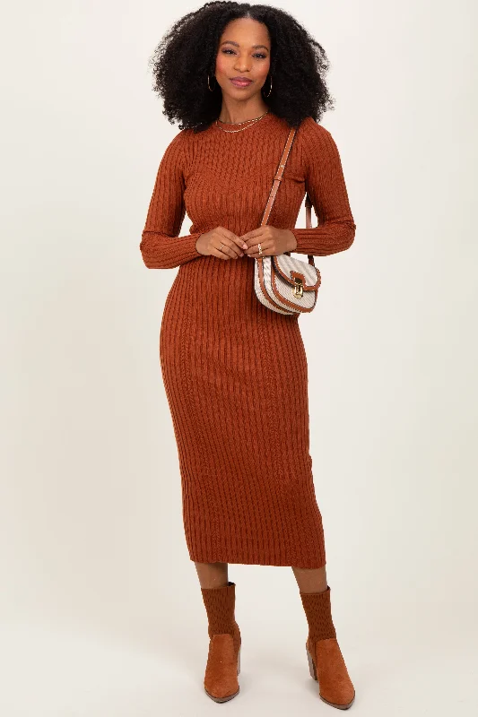 Women's midi dress eve flair -Rust Contrast Ribbed Knit Midi Dress