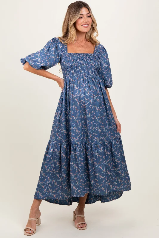 ladies-maxi-dress-lemon-lush-Blue Floral Smocked Hi-Low Puff Sleeve Maternity Maxi Dress