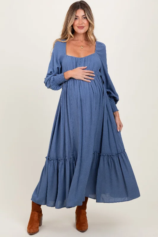 ladies-maxi-dress-holiday-hush-Blue Square Neckline Bubble Sleeve Maternity Maxi Dress