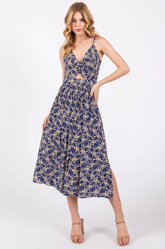 Women's midi dress roar glow -Blue Floral Front Twist Midi Dress