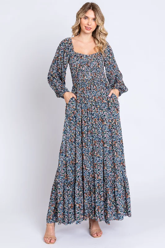 ladies-maxi-dress-pleated-prance-Navy Floral Long Sleeve Maxi Dress