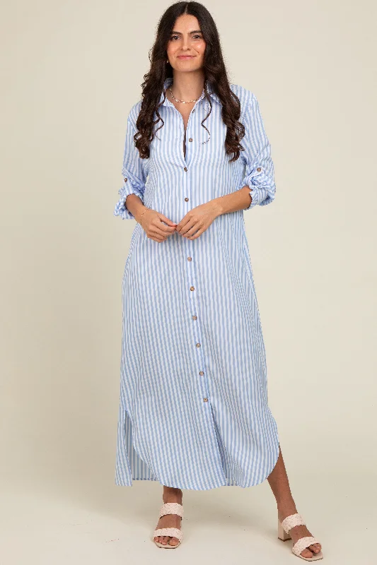 ladies-maxi-dress-blush-breeze-Light Blue Striped Button Down Maxi Dress