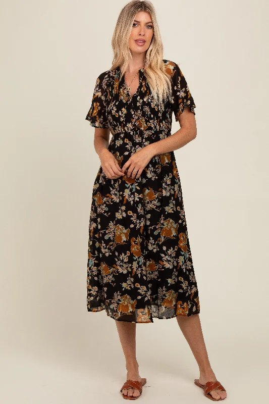 Women's midi dress link pop -Black Smocked Floral Midi Dress