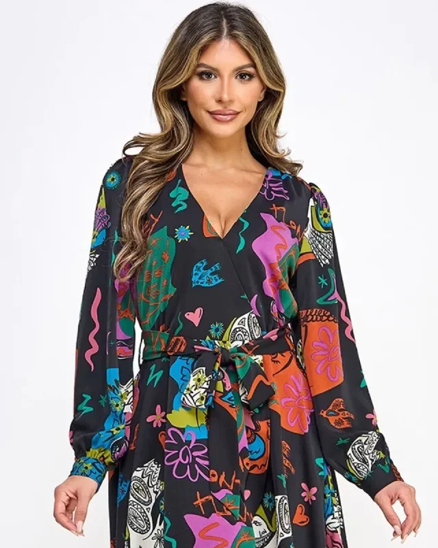 ladies-mini-dress-edgy-ember-Printed Long Sleeve Mini Dress With Belt | Black