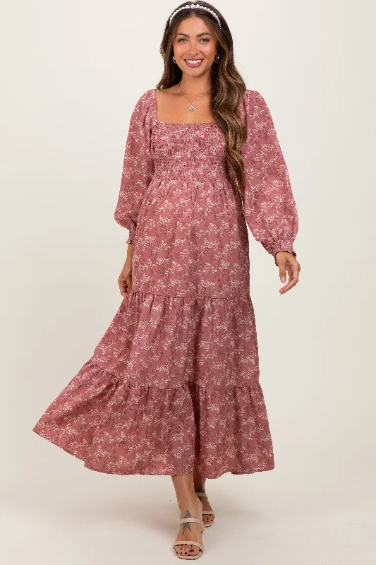 ladies-maxi-dress-bold-bloom-Mauve Floral Smocked Square Neck Maternity Maxi Dress