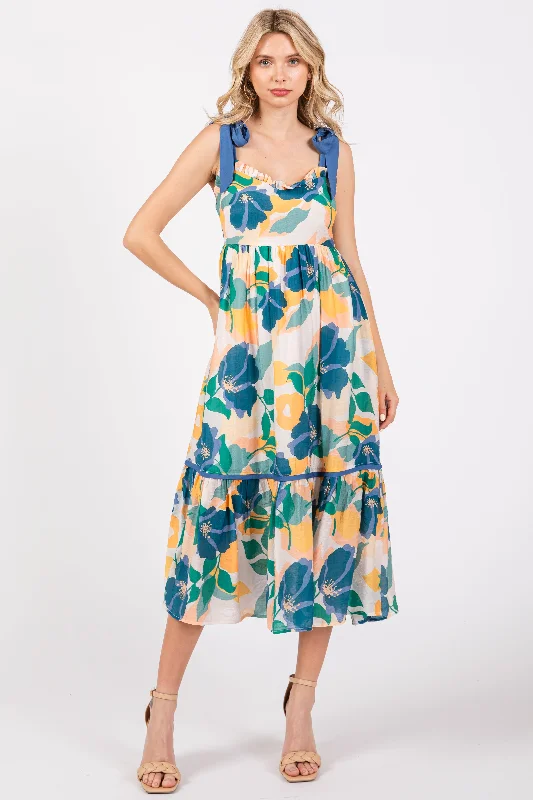 Women's midi dress mauve pop -Blue Floral Shoulder Strap Midi Dress