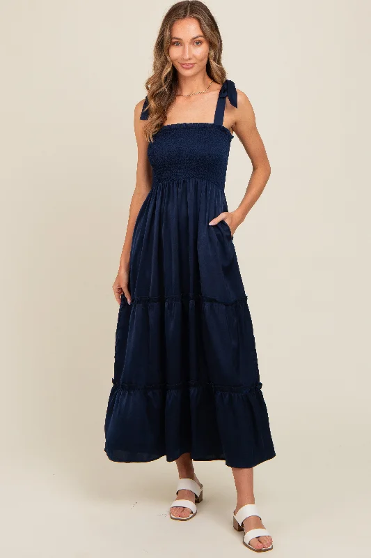 ladies-maxi-dress-handmade-hush-Navy Satin Smocked Maxi Dress