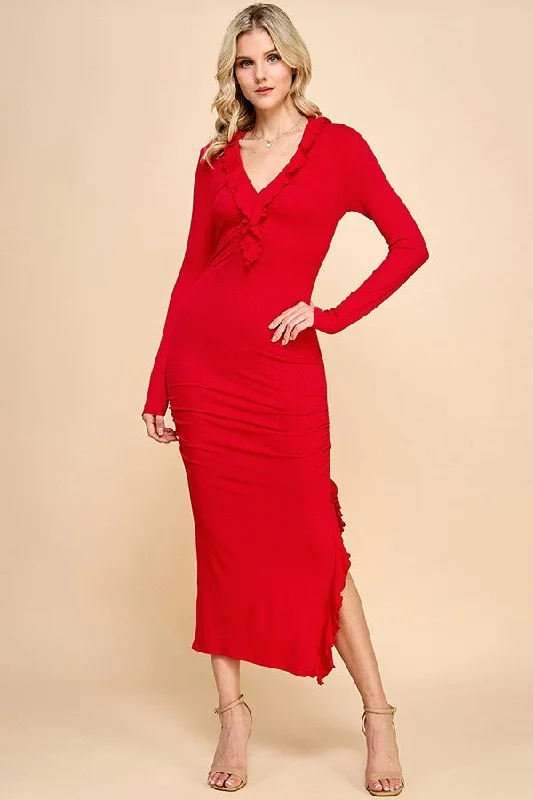 ladies-maxi-dress-slim-sunset-Red Ruffle Ruched Long Sleeve Maxi Dress