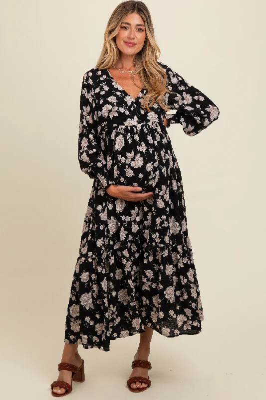 ladies-maxi-dress-linen-lush-Black Floral Textured Bubble Sleeve Maternity Maxi Dress