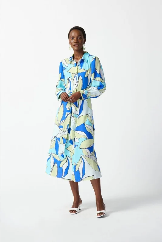 Women's midi dress twist pop -Joseph Ribkoff Vanilla/Multi Leaf Print Waist Tie Midi Shirt Dress 242911