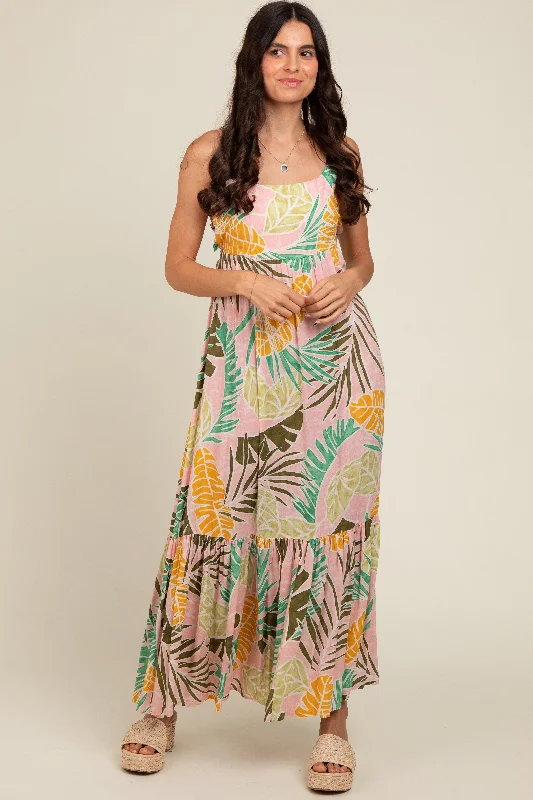 ladies-maxi-dress-bodycon-bliss-Pink Tropical Print Maxi Dress