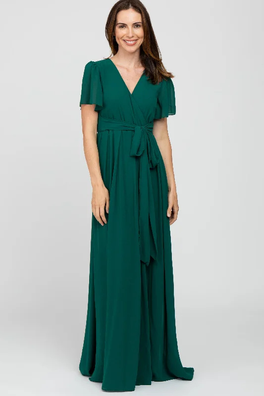 ladies-maxi-dress-flared-fable-Forest Green Chiffon Short Sleeve Maxi Dress