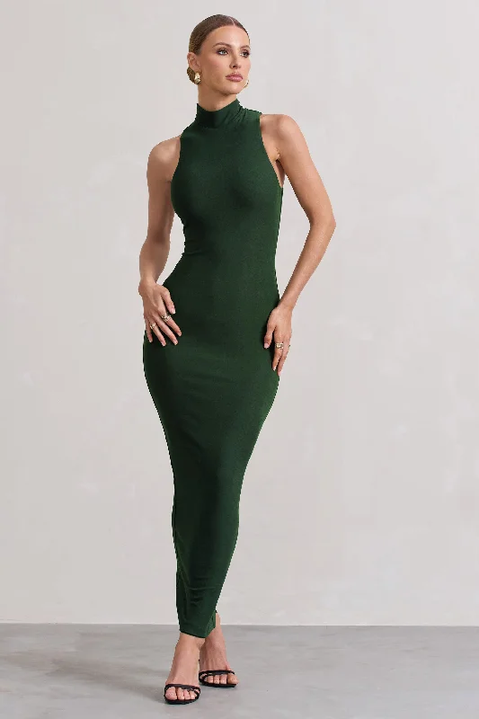 ladies-bodycon-dress-aqua-ace-Mindy | Dark Green Bodycon High-Neck Maxi Dress