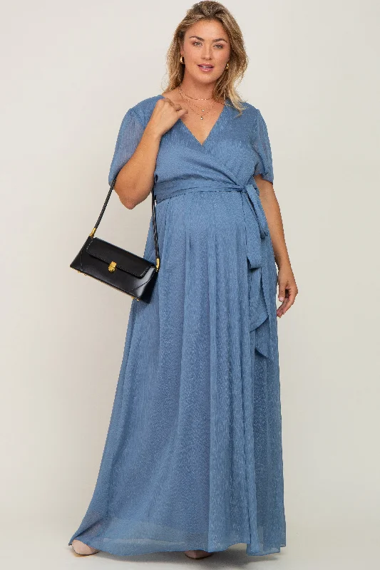 ladies-maxi-dress-velvet-vision-Blue Metallic Shimmer Chiffon Maternity Plus Maxi Dress