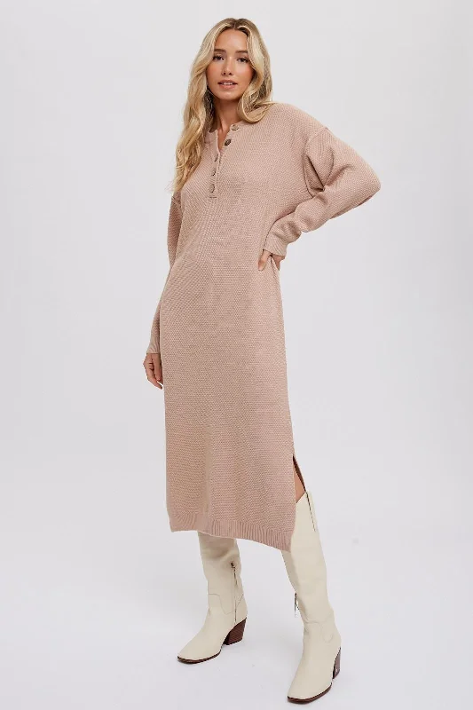 Women's midi dress 70s glow -Taupe Waffle Knit Button Long Sleeve Midi Dress