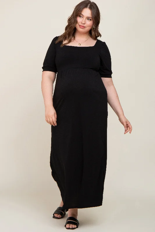 ladies-maxi-dress-soft-sheen-Black Puff Sleeve Maternity Maxi Plus Dress