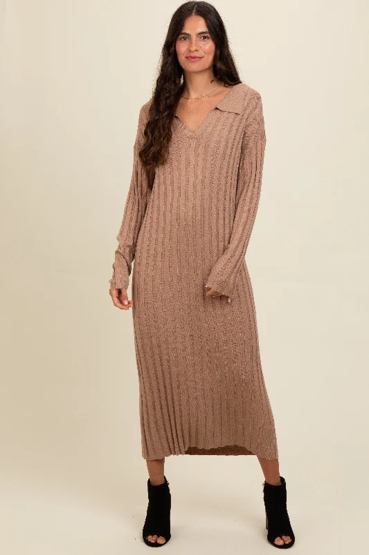 Women's midi dress frill pop -Mocha Ribbed Collared Midi Sweater Dress