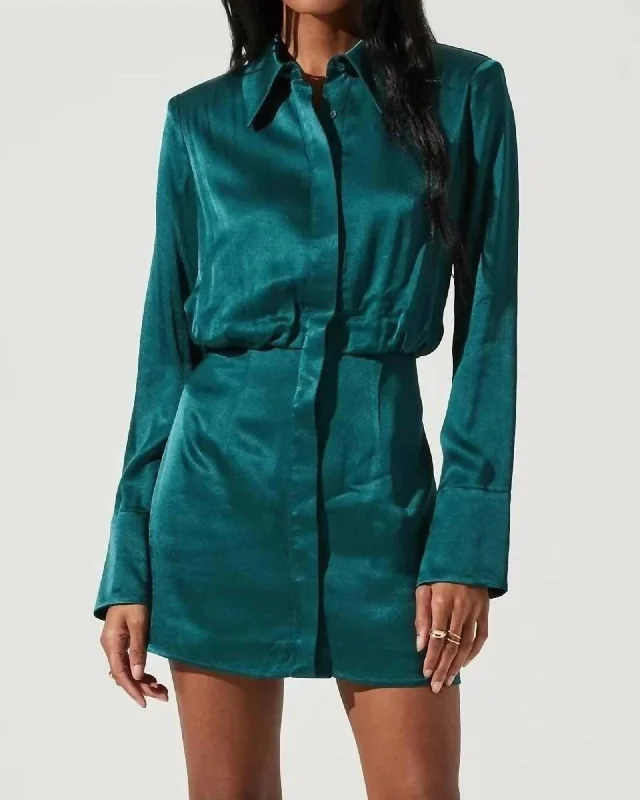 ladies-mini-dress-sage-sway-Ruth Satin Shirt Mini Dress in Hunter Green | Hunter Green