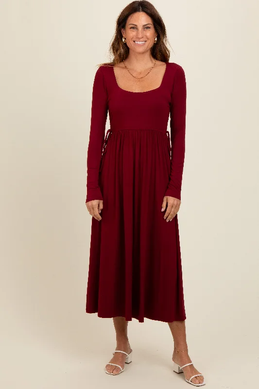 Women's midi dress spin chic -Burgundy Square Neck Long Sleeve Midi Dress