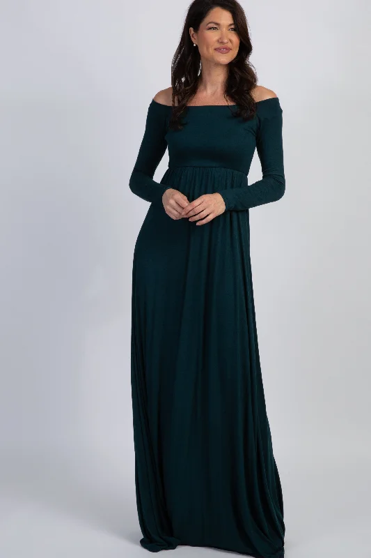 ladies-maxi-dress-celeb-chic-PinkBlush Forest Green Solid Off Shoulder Maxi Dress