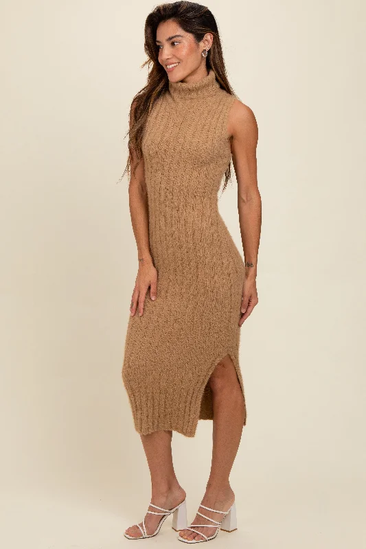 Women's midi dress dip chic -Taupe Fuzzy Knit Sleeveless Turtle Neck Midi Dress