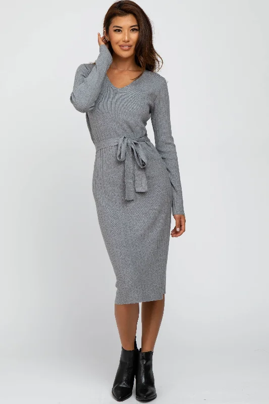 Women's midi dress foam pop -Heather Grey Tie Front Sweater Midi Dress