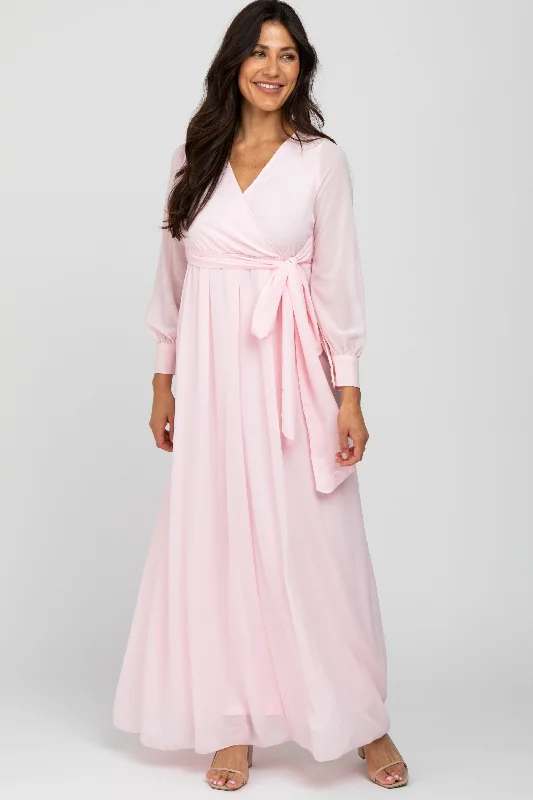 ladies-maxi-dress-seasonal-silk-Light Pink Chiffon Long Sleeve Maxi Dress