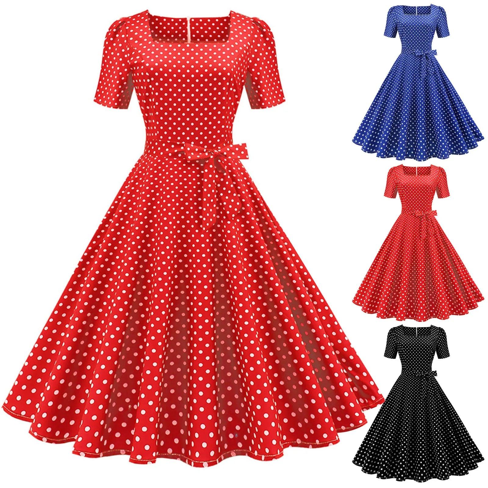 Women's party dress clean pop -Polka Dot Print Vintage Dress Women Elegant Short Sleeve Square Collar Robe A-Line Party Dresses 50s 60s Vestido Summer 2024 New