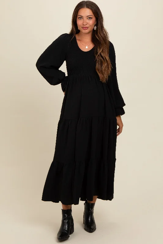 ladies-maxi-dress-boho-belle-Black Smocked Tiered Long Sleeve Maternity Maxi Dress