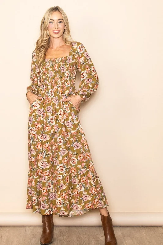 ladies-maxi-dress-retro-radiance-Olive Floral Long Sleeve Maxi Dress