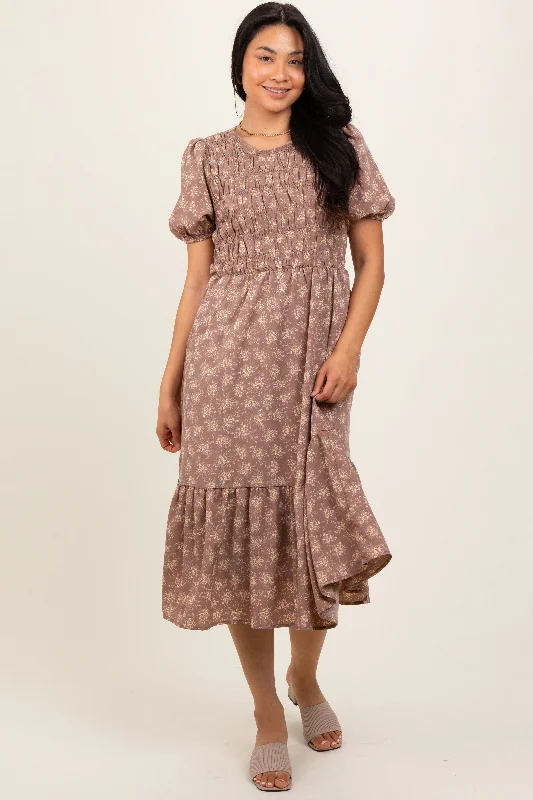 Women's midi dress task chic -Mocha Floral Puff Sleeve Smocked Midi Dress