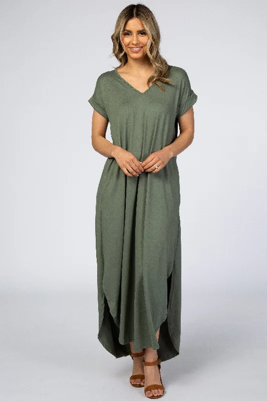 ladies-maxi-dress-plunge-poise-Olive Side Slit Maxi Dress