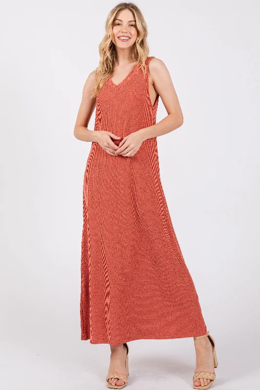 ladies-maxi-dress-sunset-sweep-Rust Sleeveless Ribbed Maxi Dress