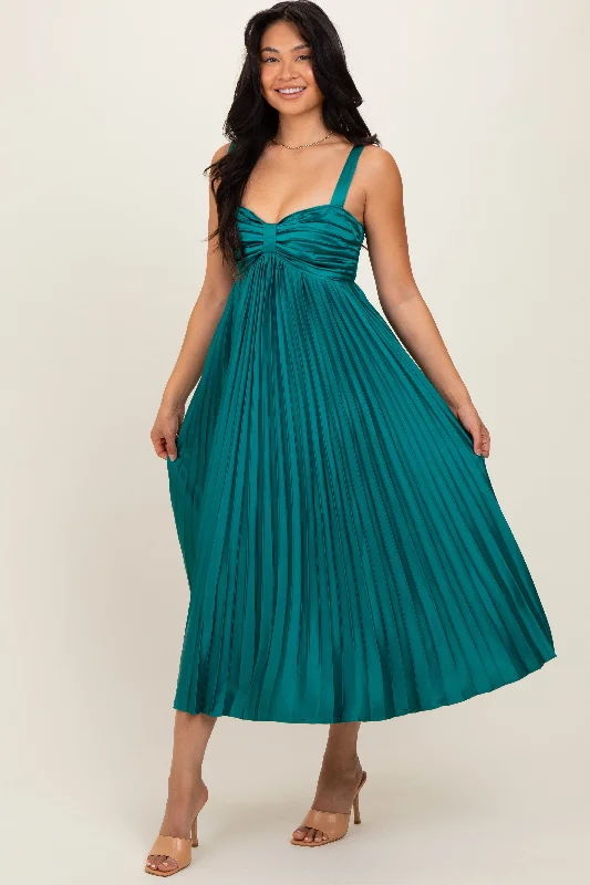 Women's midi dress shop chic -Teal Satin Pleated Sweetheart Midi Dress