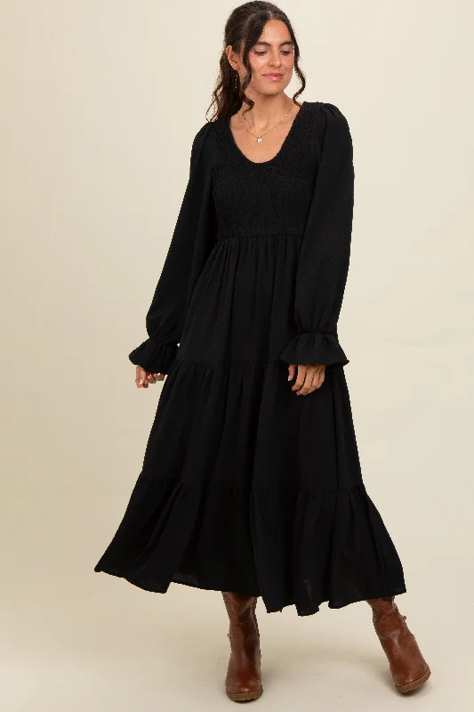 ladies-maxi-dress-office-opulence-Black Smocked Tiered Long Sleeve Maxi Dress