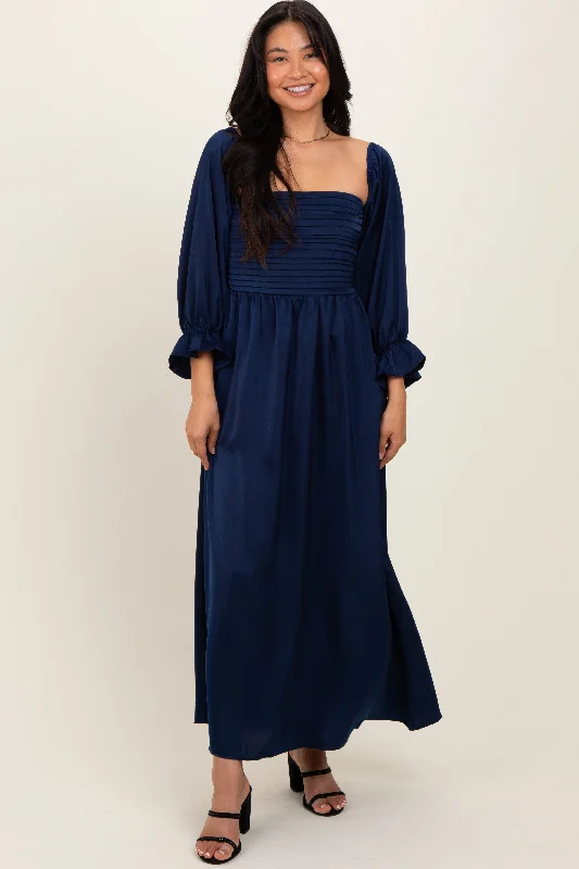 ladies-maxi-dress-photo-petal-Navy Off Shoulder Satin Pleated Bodice Maxi Dress