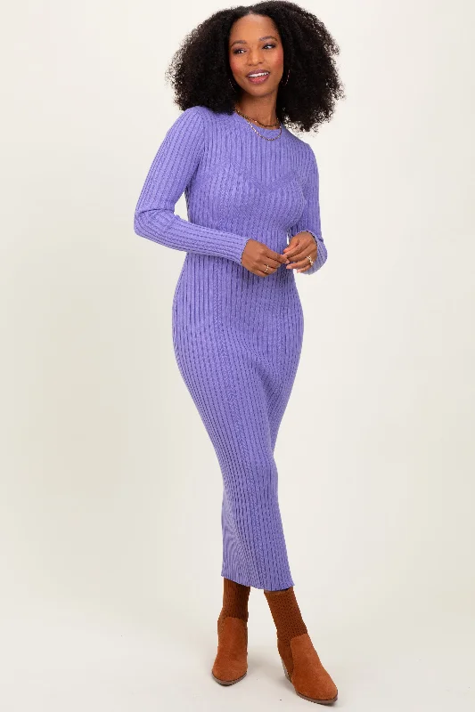 Women's midi dress glen flair -Lavender Contrast Ribbed Knit Midi Dress