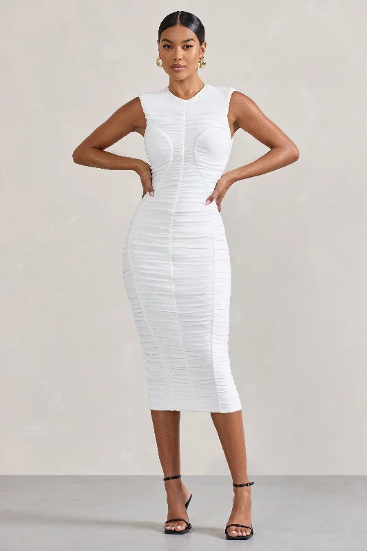 ladies-bodycon-dress-tangerine-twang-Alight  | White Ruched Mesh Sleeveless Bodycon Midi Dress