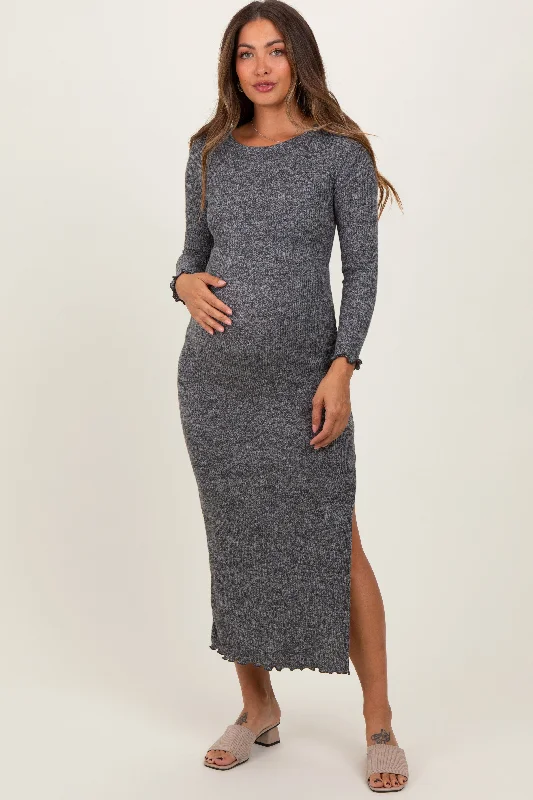 ladies-maxi-dress-slit-sunset-Charcoal Knit Side Slit Lettuce Trim Maternity Maxi Dress