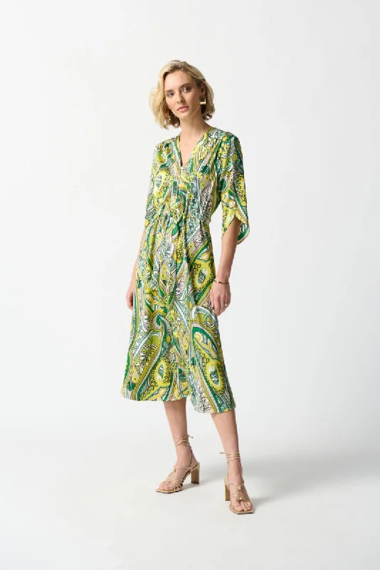 Women's midi dress hush chic -Joseph Ribkoff Vanilla/Multi Paisley Print Waist Tie Satin Midi Shirt Dress 242208